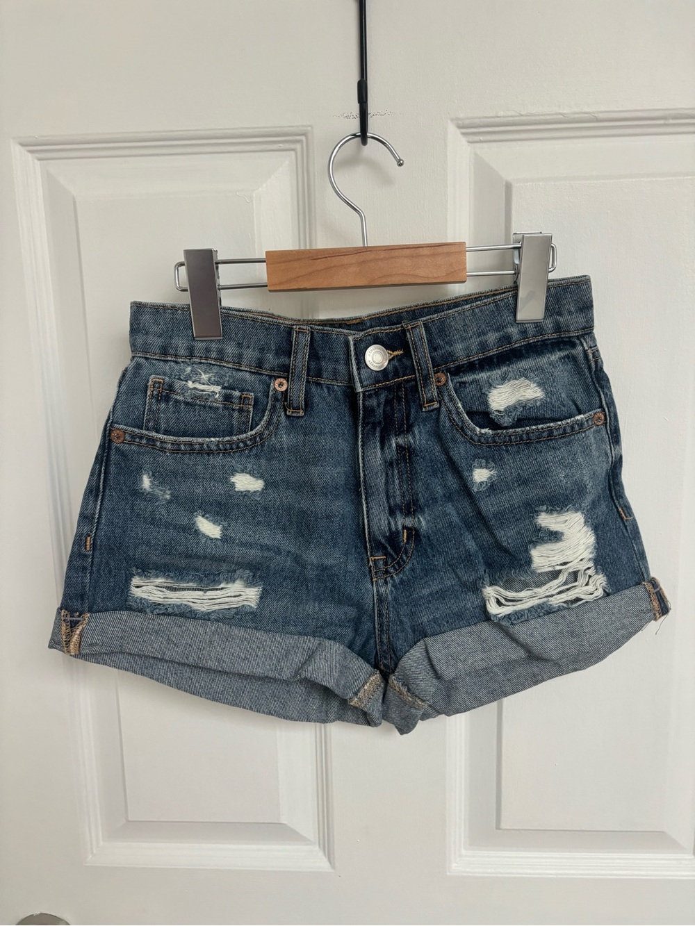 High-Rise Distressed Rolled Hem Denim Mom Shorts